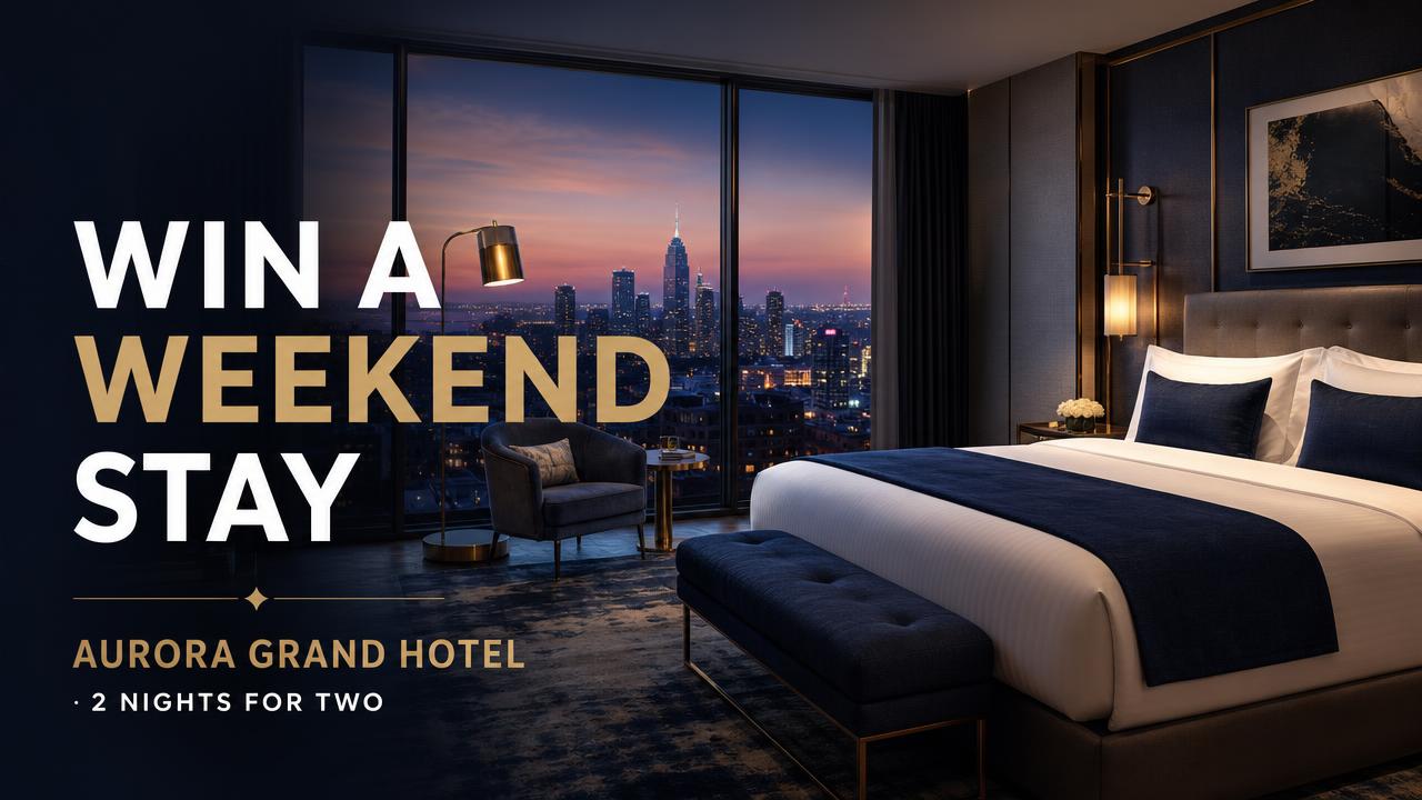 Campaign poster for the competition “Win a weekend stay at Aurora Grand Hotel”, prize: 2 nights for two + breakfast, hosted by Aurora Grand Hotel