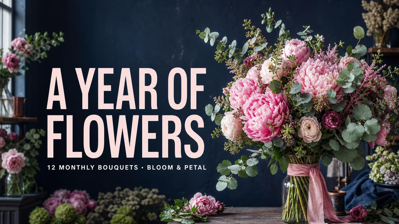 Campaign poster for the competition “A year of fresh flowers from Bloom & Petal”, prize: 12 monthly bouquets, hosted by Bloom & Petal