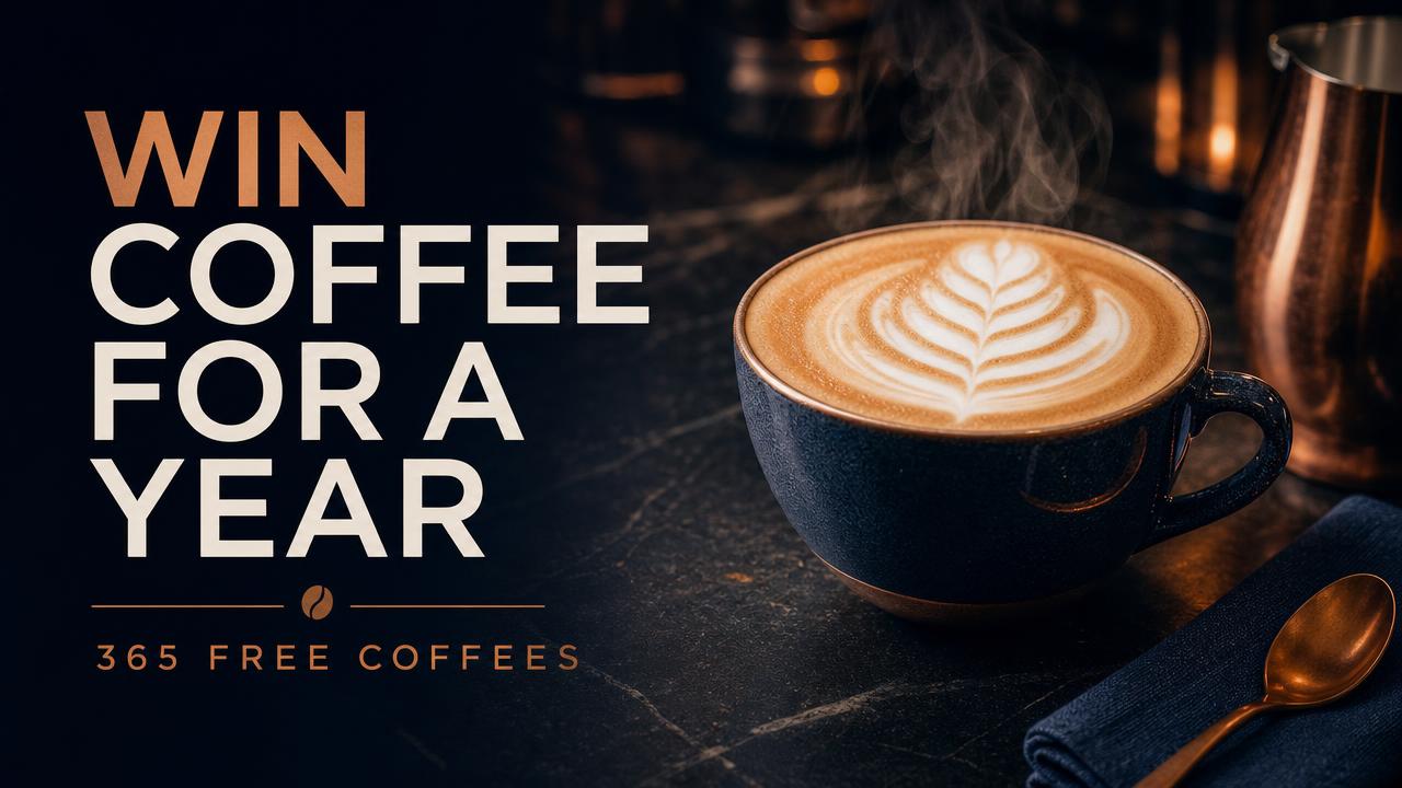 Campaign poster for the competition “Win coffee for a year”, prize: 365 free coffees