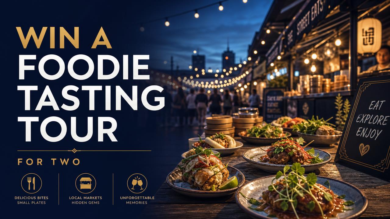 Campaign poster for the competition “Win a foodie tasting tour for two”, prize: Tasting tour for two