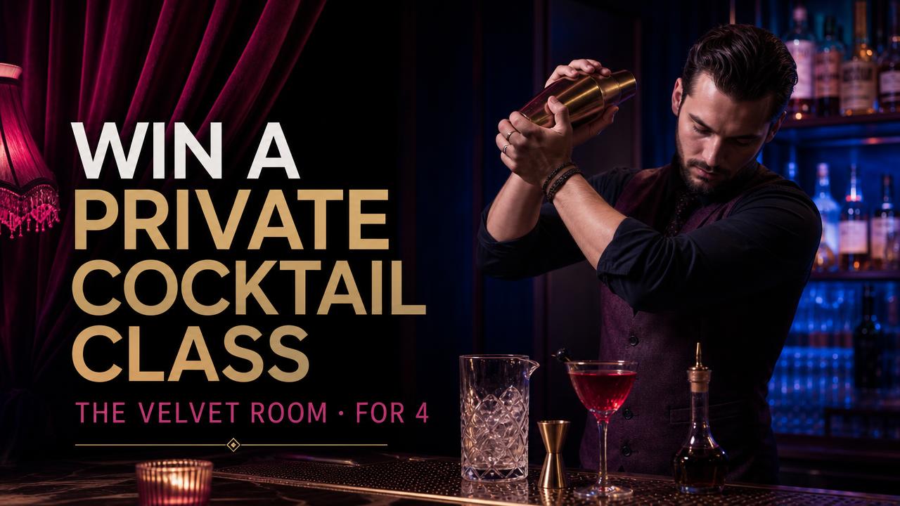 Campaign poster for the competition “Win a private cocktail class at The Velvet Room”, prize: Cocktail masterclass for 4, hosted by The Velvet Room