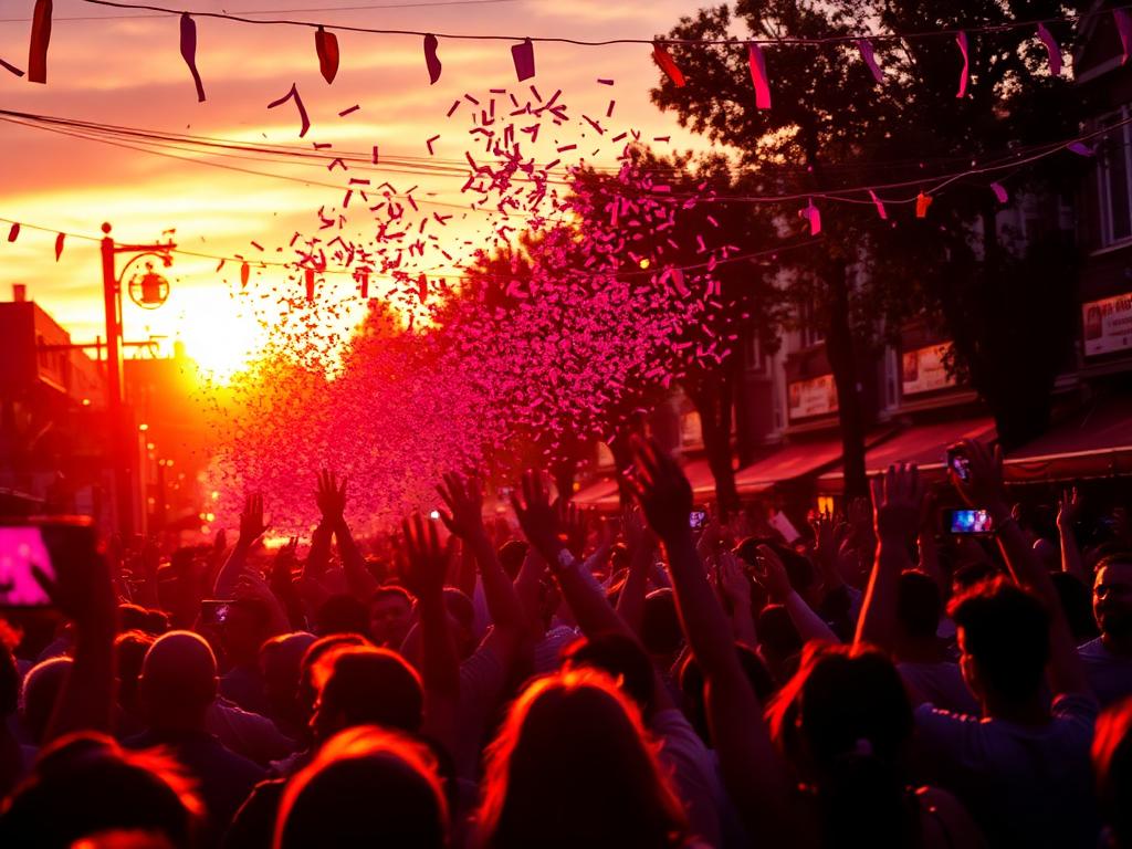 People celebrating at a colourful outdoor event