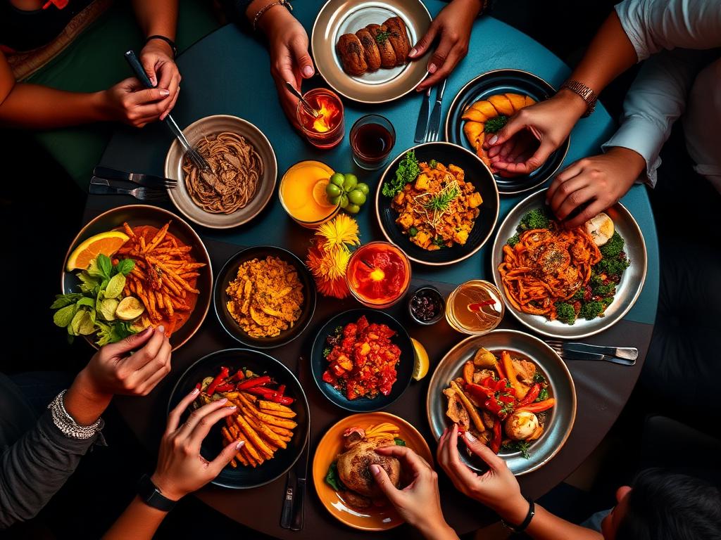 Vibrant restaurant table full of food