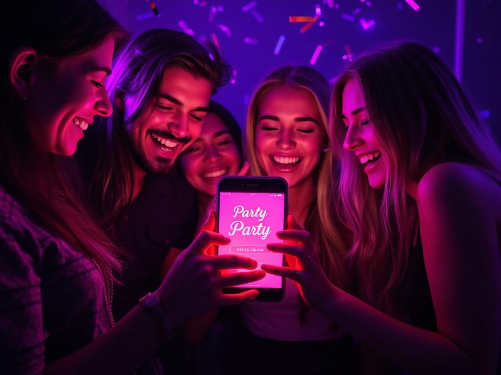 Friends looking at a glowing digital invitation
